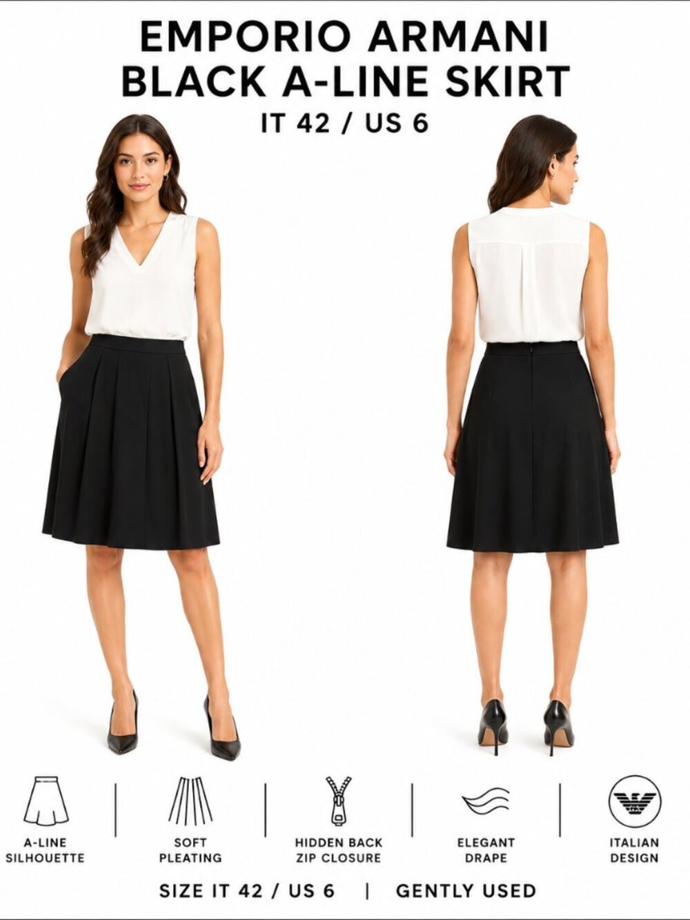 EMPORIO ARMANI BLACK A-LINE SKIRT IT 42 / US 6